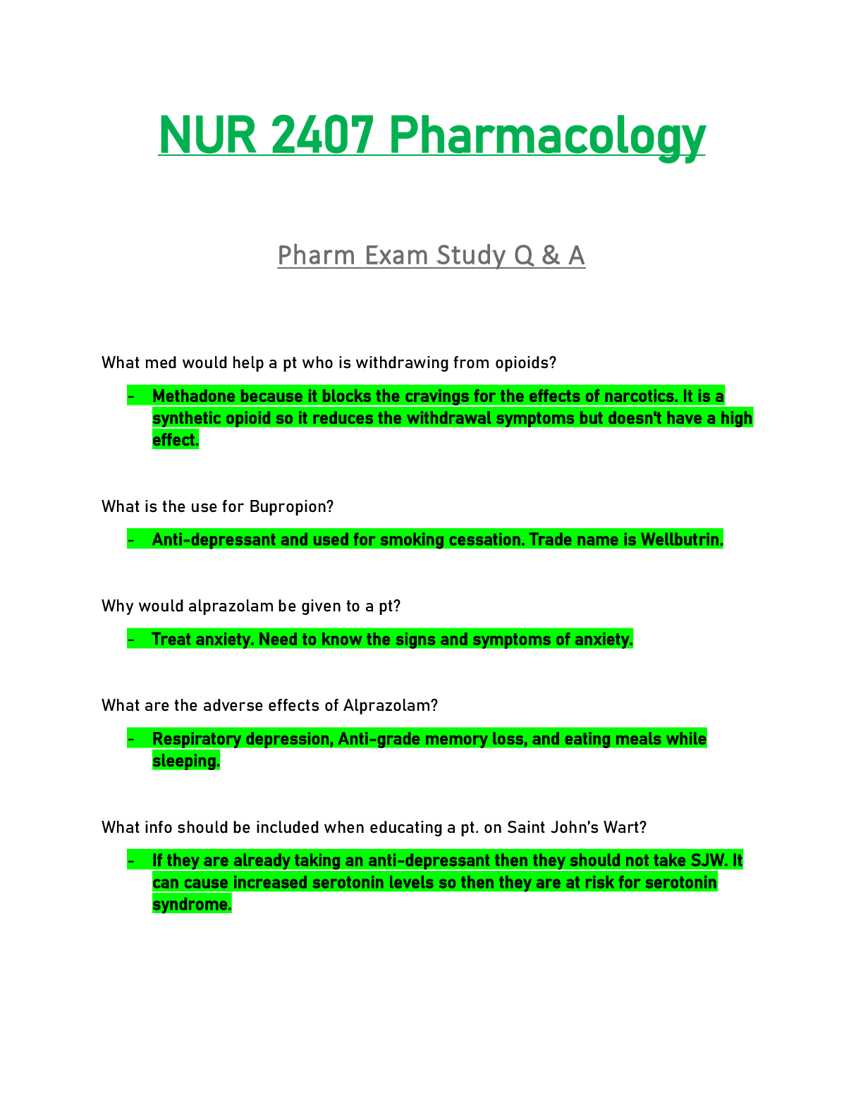 NUR2407 / NUR 2407 Exam Study Q & A Updated: Pharmacology - Rasmussen